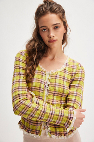 Elliot Smocked Plaid Top at Free People in Avocado Combo, Size: XS