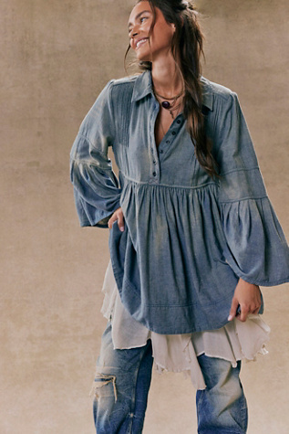 We The Free Down East Denim Mini Dress at Free People in Light Wash, Size: XL