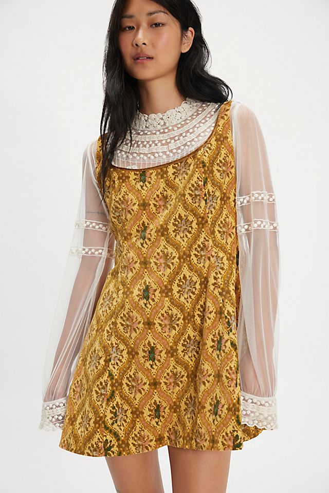 petal tapestry mini dress Free People in Yellow Fold over neckline Petal Tapestry Mini Dress |