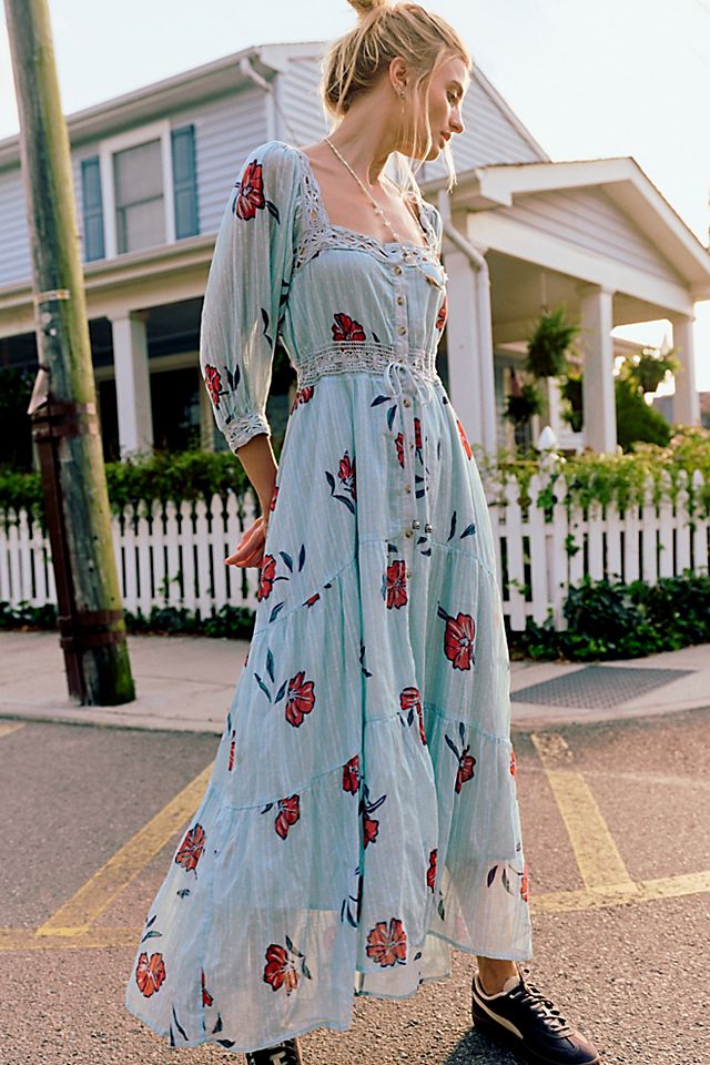 long sleeve long flowy dress Farm Rio, Ayla Green ruffled maxi dress, Women, Green, XXS, Dresses, Viscose front length 58.1 in Floral Frill Trim Flounce Sleeve
