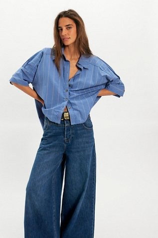 We The Free Seaside Cotton Stripe Shirt at Free People in Blue, Size: XS