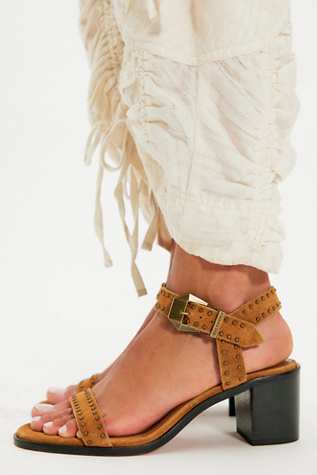 Buckle Up Block Heels at Free People in Driftwood Tan Suede, Size: US 7