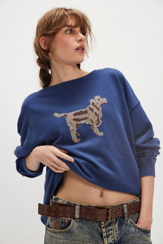 Best Friend Cross Stitch Crewneck by Ragabond at Free People in Blue, Size: XS