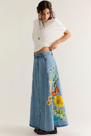 Denim And Bone Floral Denim Maxi Skirt