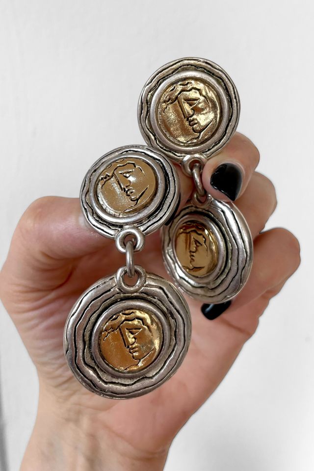 80s Vintage Mixed Metal Large Coin Clip-On Drop Earrings Selected by MARMALADE #1