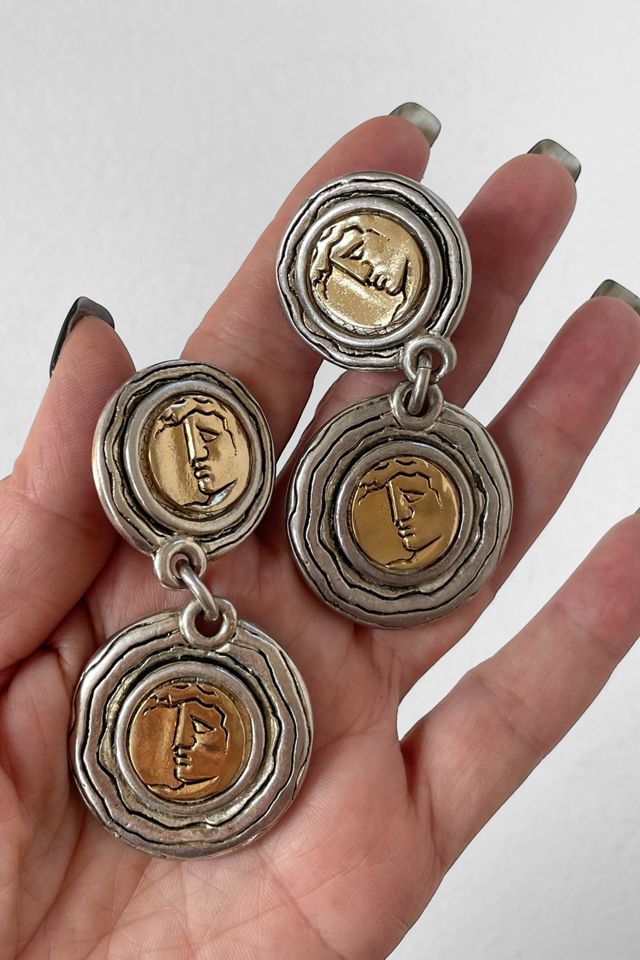 80s Vintage Mixed Metal Large Coin Clip-On Drop Earrings Selected by MARMALADE #3