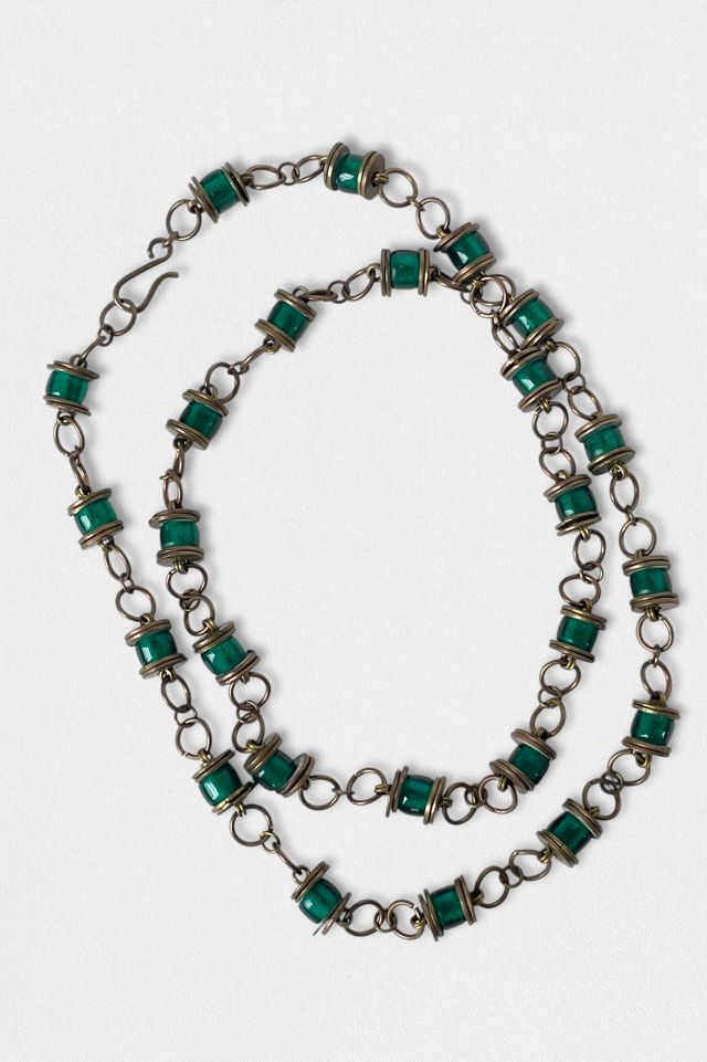 60s Boho Heavy Brass Chain Glass Bead Necklace Selected by