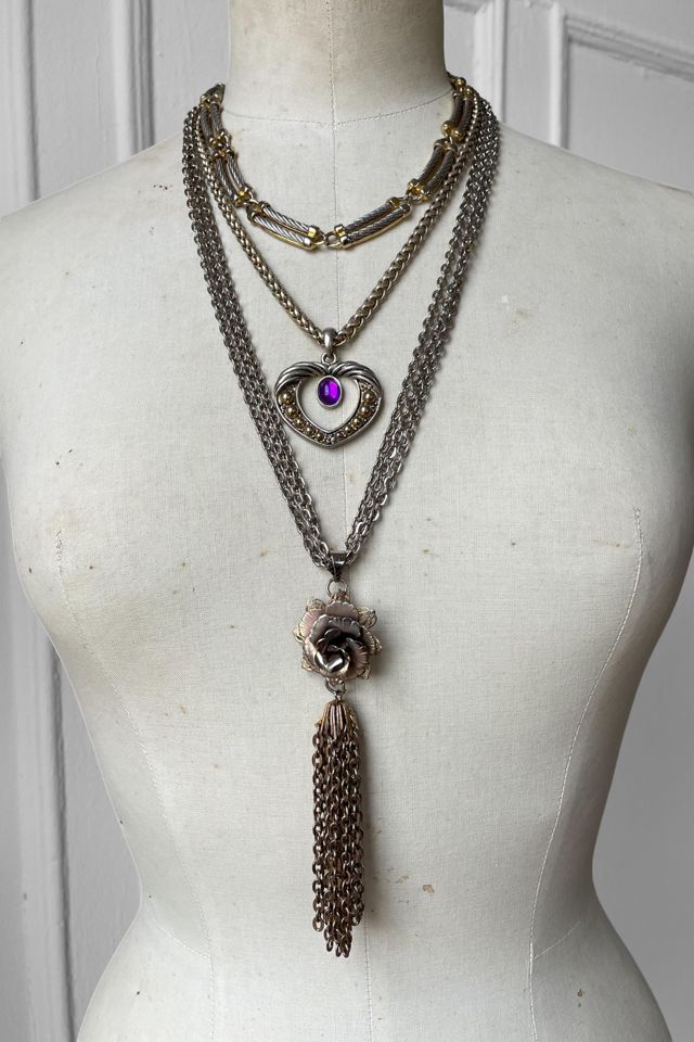 Vintage 70s Silver and Gold Layered Chain Tassel Heart Necklace Collection Selected by MARMALADE #1