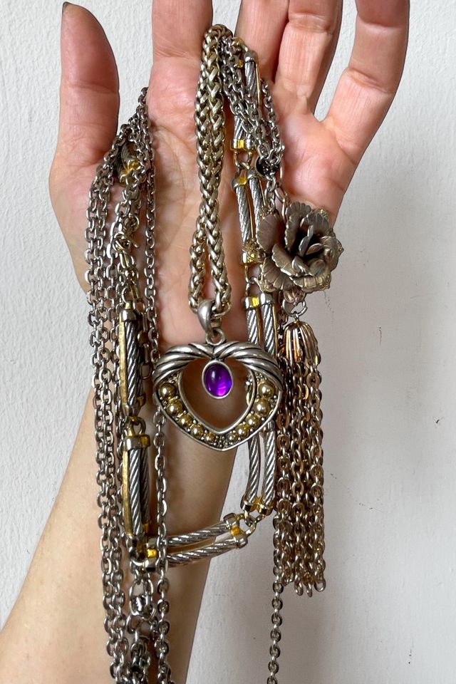 Vintage 70s Silver and Gold Layered Chain Tassel Heart Necklace Collection Selected by MARMALADE #3