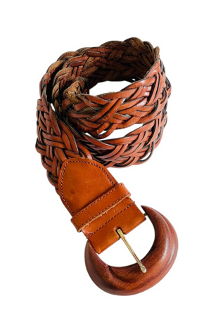 Vintage Brown Woven Leather Belt with Wood Buckle Selected by FernMercantile