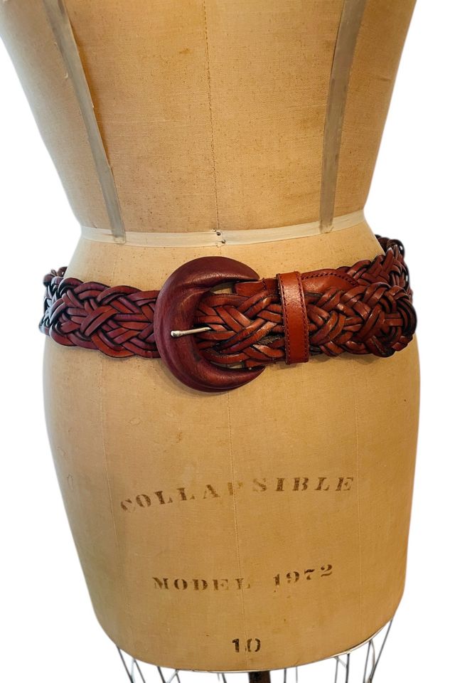 Vintage Brown Woven Leather Belt with Wood Buckle Selected by FernMercantile #1