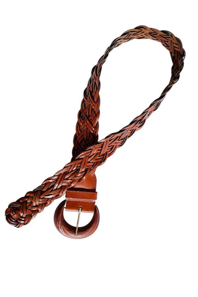 Vintage Brown Woven Leather Belt with Wood Buckle Selected by FernMercantile #2