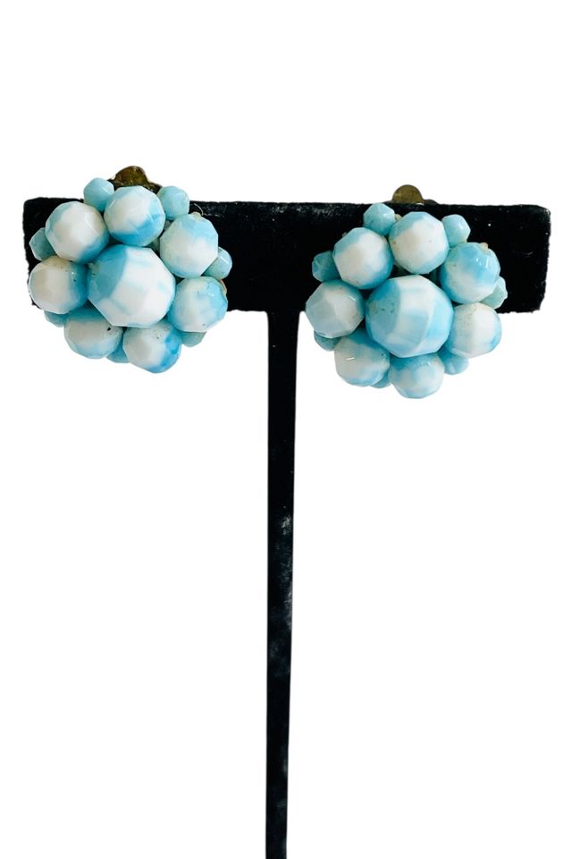 Vintage 1950s Blue Bead Cluster Clip Earrings Selected by FernMercantile #1