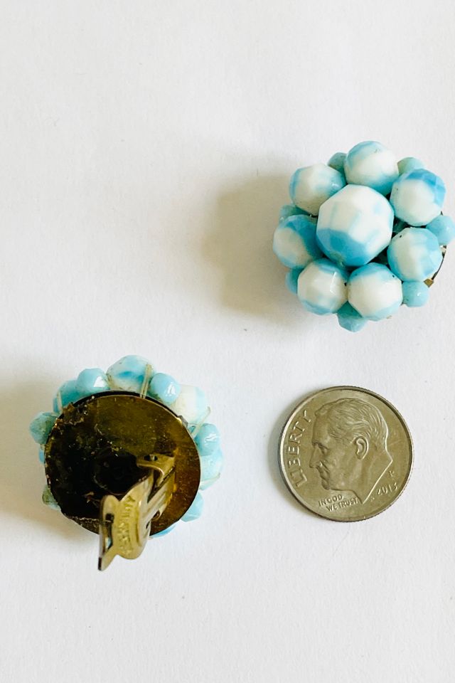 Vintage 1950s Blue Bead Cluster Clip Earrings Selected by FernMercantile #2