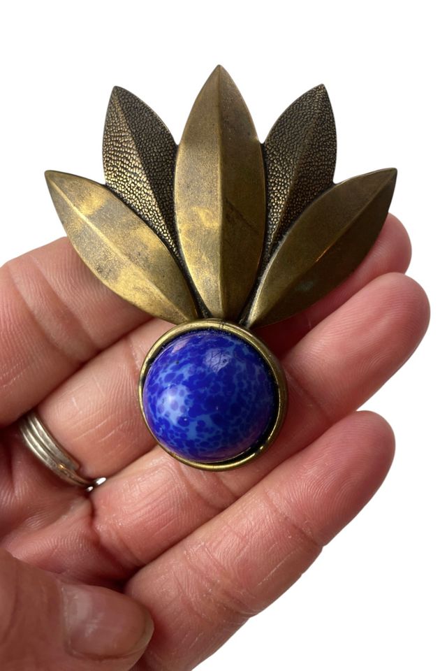 Vintage Brass Leaf Brooch With Lapiz Selected By Ankh By Racquel #2