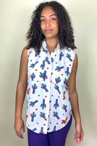 Vintage Sleeveless Cactus Print Cotton Top Selected By Ankh By Racquel