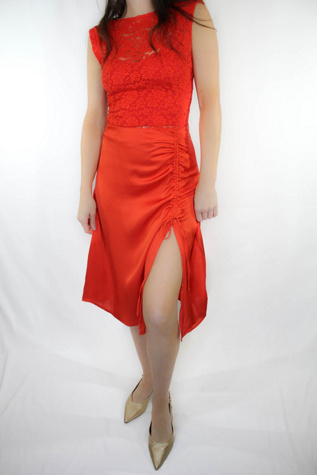 Vintage Red Satin Slit Midi Skirt Selected By Moons + Junes Vintage