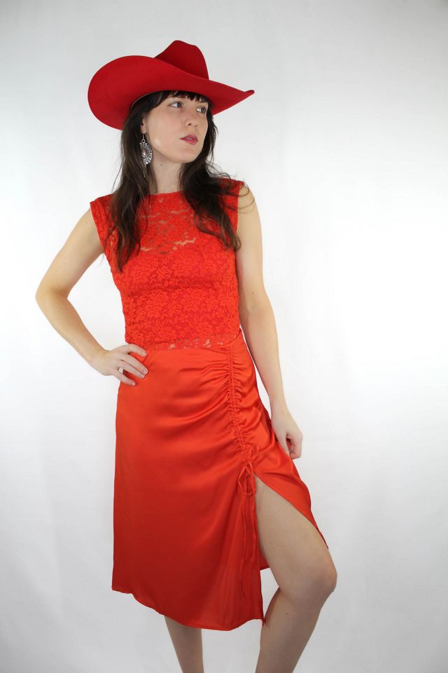 Vintage Red Satin Slit Midi Skirt Selected By Moons + Junes Vintage #1