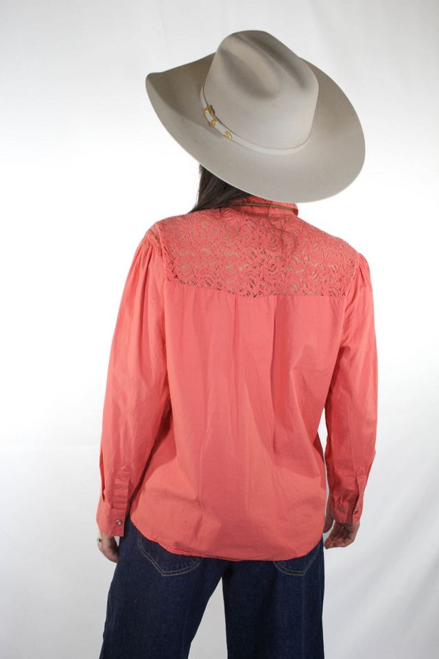 1970s Western Coral Crochet Lace Pearl Snap Button Down Selected By Moons + Junes Vintage #1