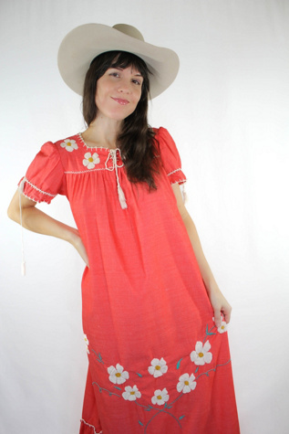 1970s Coral Floral Embroidered Maxi Dress Selected By Moons + Junes Vintage