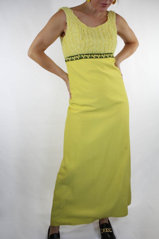 1960s Frilly Lace Yellow Maxi Dress Selected By Moons + Junes Vintage #1