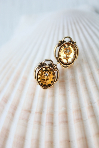 Vintage Ornate Diamond Flower Gold Stud Earrings Selected By Moons + Junes Vintage