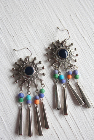 Vintage Silver Onyx Sun Beaded Fringe Dangle Earrings Selected By Moons + Junes Vintage