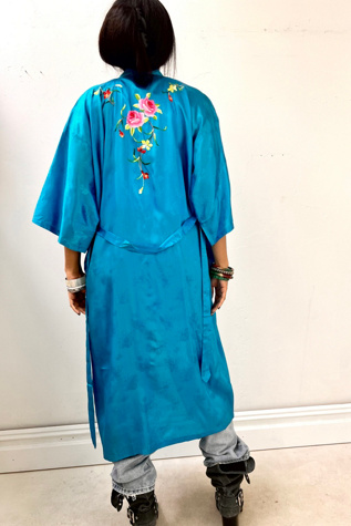 Vintage Hand Embroidered Silky Sky Flowers Kimono Selected by Anna Corinna