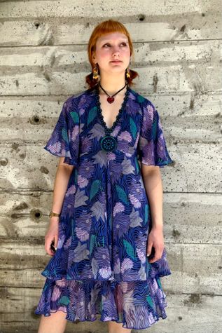 Anna Sui Runway Purple Silk Print Dress Selected by Nomad Vintage