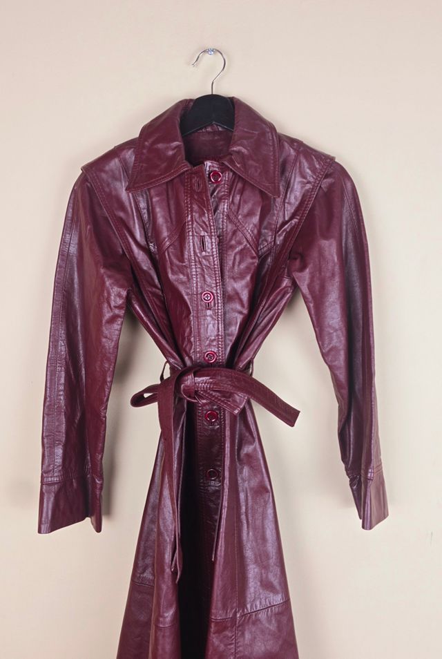 Vintage Slim Fit Floor Length Burgundy Leather Trench Coat Selected By The Igala NYC #1
