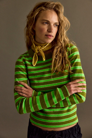 Malibu Striped Cashmere Crewneck at Free People in Lime Combo, Size: Medium