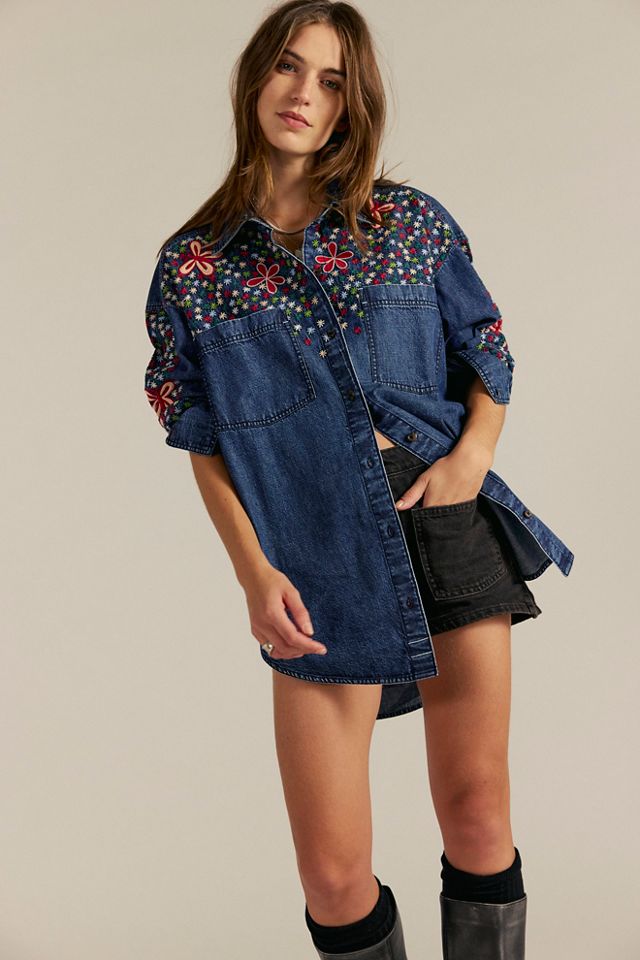 We The Free Rainbow Embroidered Denim Top #3