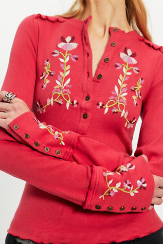 Fleur Embroide Cuff Henley by Free People in Red, Size: M