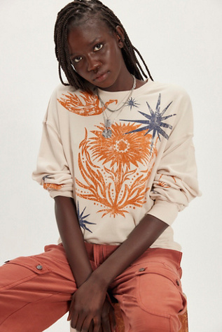Daydreamer Folk Flower Stamps Oversized Crewneck at Free People in White, Size: XS