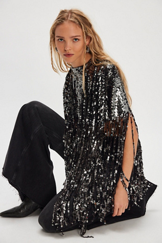 Женская накидка Free People All Night Long Sequin Cape, цвет: Чёрный — фото 4