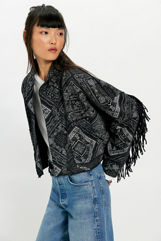 Ragabond Wyatt Bandana Fringe Cardi at Free People in Black, Size: L