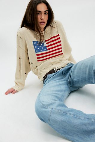 Denimist Oversized Cropped American Flag Sweater