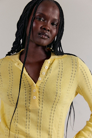 Madi Pointelle Knit Polo Top by Free People in Yellow, Size: L