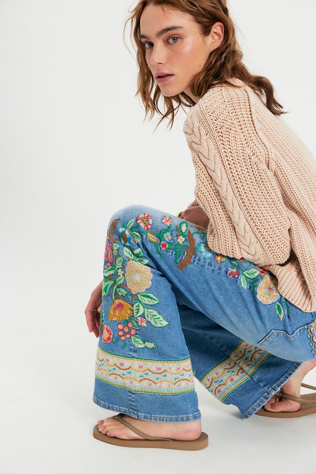Driftwood Gardenia Farrah Embroidered Flare Jeans | Free People