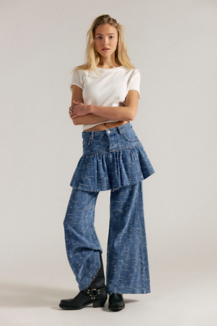 We The Free Front Row Ruffle Mini Skirt at Free People in Medium Wash, Size: 28