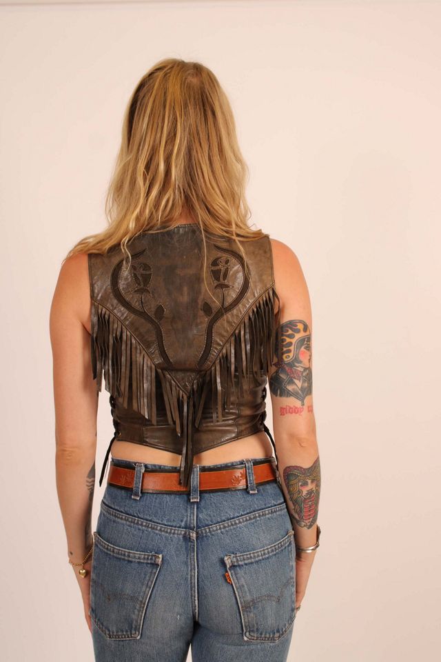 Vintage Brown Leather Fringe Vest with Conchos Selected By Wolf and Moon Vintage #2
