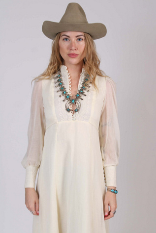 1970s White Prairie Dress with Embroidered Details Selected By Wolf And Moon Vintage