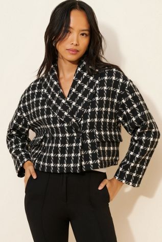Native Youth Jacquard Check Wool Blend Cropped Coat