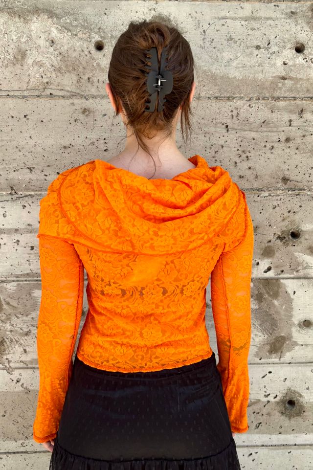 Vintage Neon Orange Cowl Neck Lace Stretch Top Selected by Nomad Vintage #1