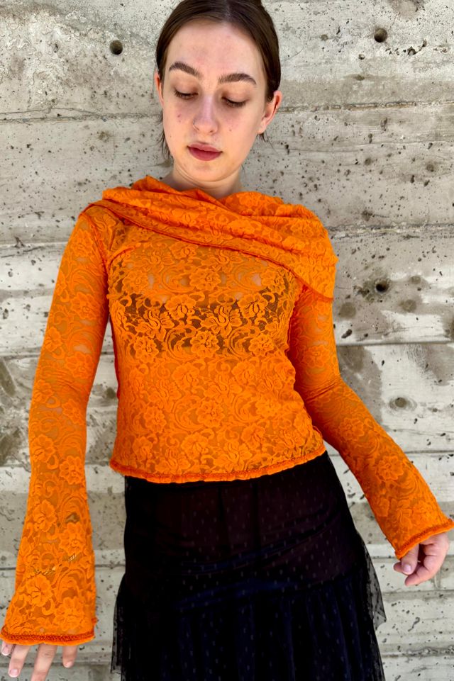 Vintage Neon Orange Cowl Neck Lace Stretch Top Selected by Nomad Vintage #2