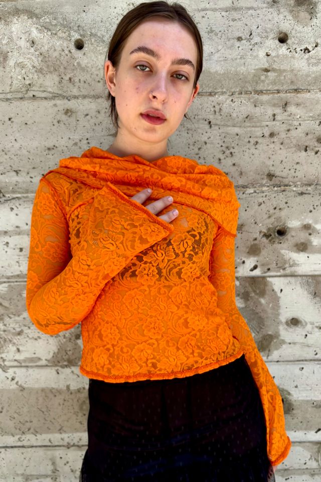 Vintage Neon Orange Cowl Neck Lace Stretch Top Selected by Nomad Vintage #3