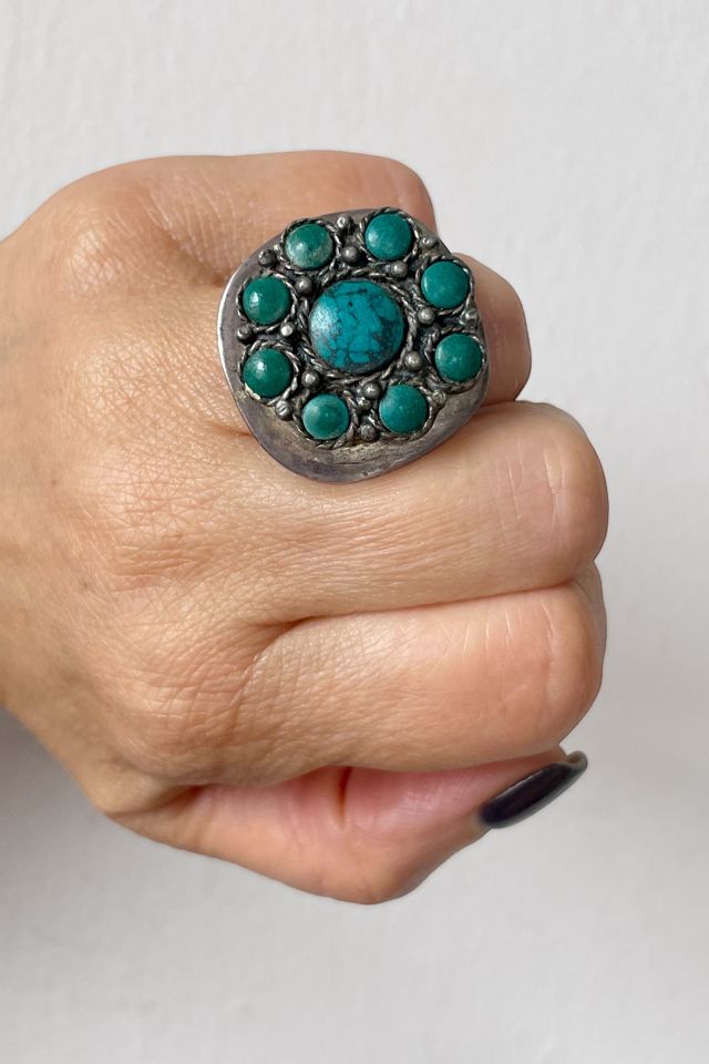 Giant Vintage Mid-Century Turquoise Sterling Silver Cluster Ring Selected by MARMALADE #1