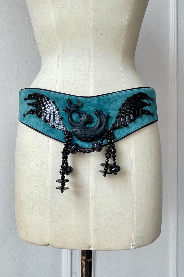80s Vintage Teal Suede Laise Adzer Beaded Mermaid Belt Selected by MARMALADE #1