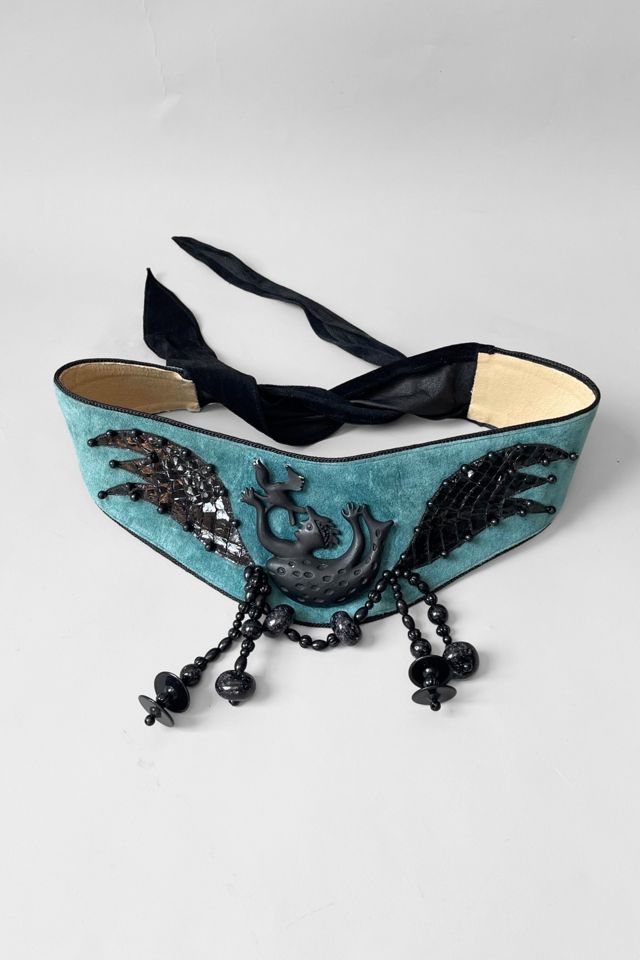 80s Vintage Teal Suede Laise Adzer Beaded Mermaid Belt Selected by MARMALADE #2