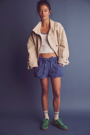 Good Fortune Solid Cotton-Linen Shorts by Free People in Blue, Size: L